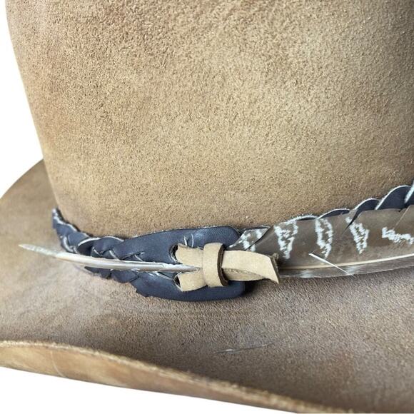 Head N Home “Duke” Suede Leather Hat, Unisex,  Leather banded Trim/Feather, Tan - Picture 2 of 8